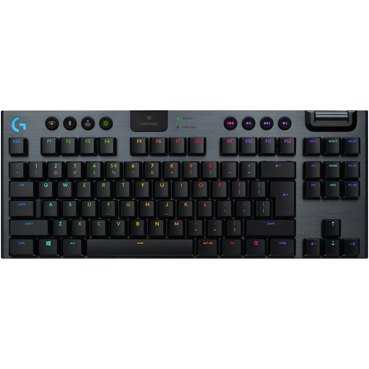 Клавиатура Gaming Logitech G915 TKL, Механична, Ultraslim, Lightspeed Wireless 2.4GHz&Bluetooth, Lightsync RGB, Linear Switch, Черен