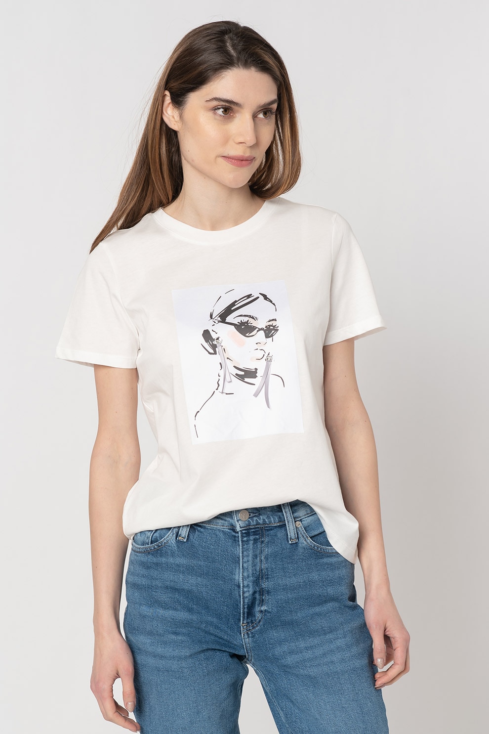 Vero Moda, Tricou de bumbac organic cu strasuri Flansa, Alb/Negru, XS