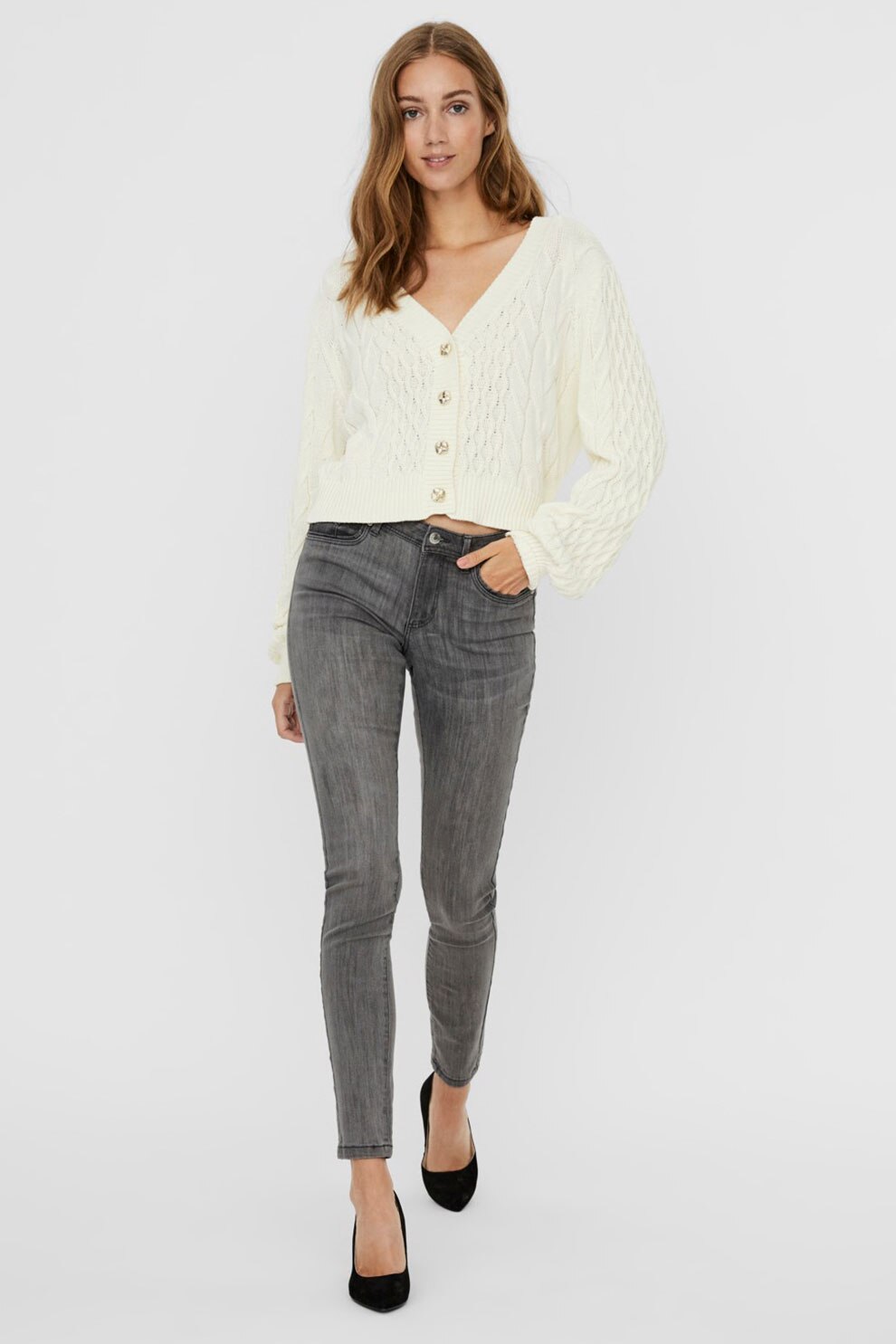 Vero Moda, Cardigan crop din amestec de bumbac organic, Crem