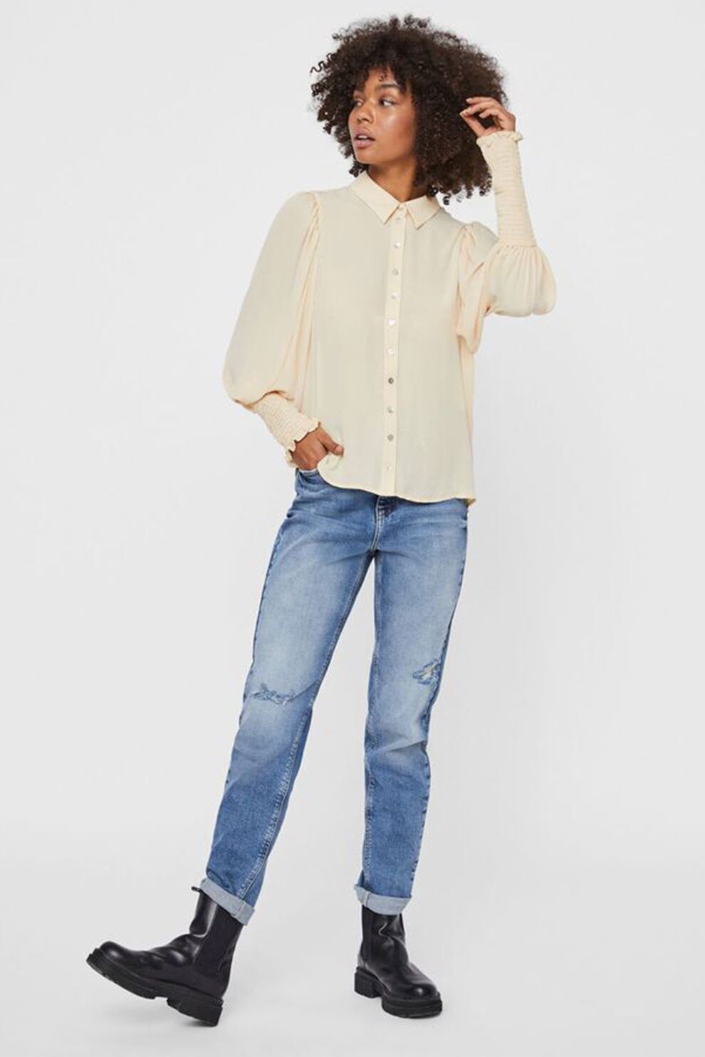 Vero Moda, Camasa cu maneci bufante Zigga, Alb fildes