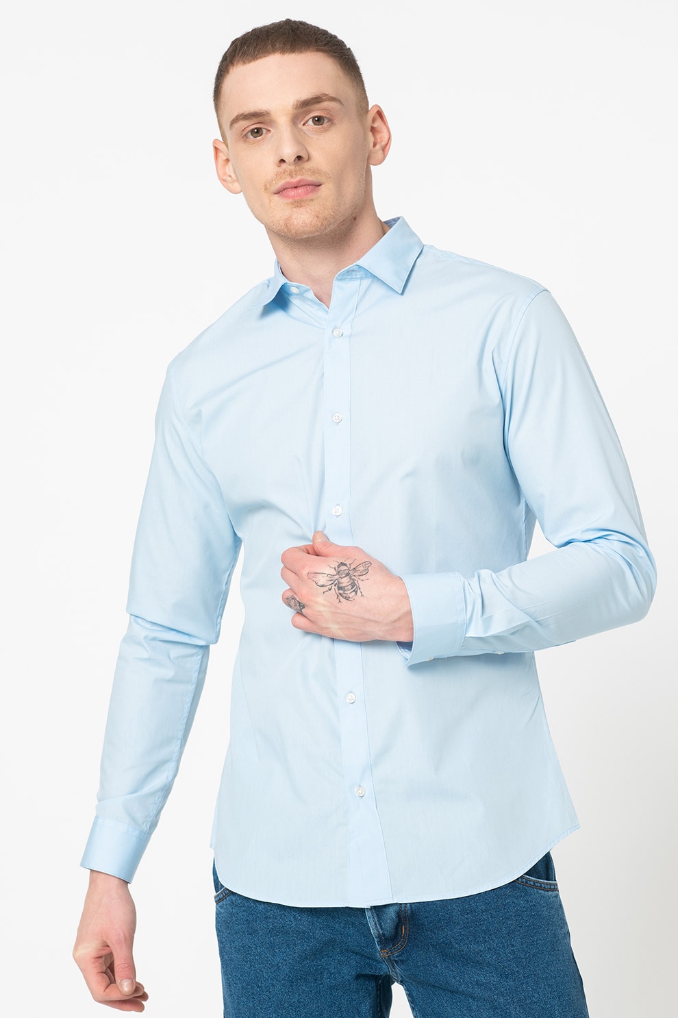 Jack & Jones, Set de camasi slim fit cu guler amplu Joe - 2 piese, Bleu/Alb, XL