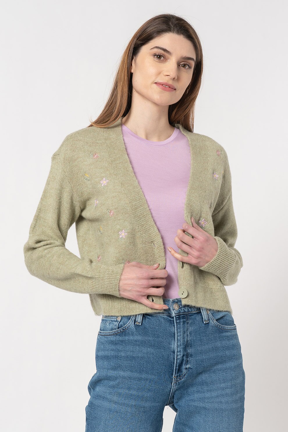 Only, Cardigan crop cu broderii florale Lannie, Verde melange
