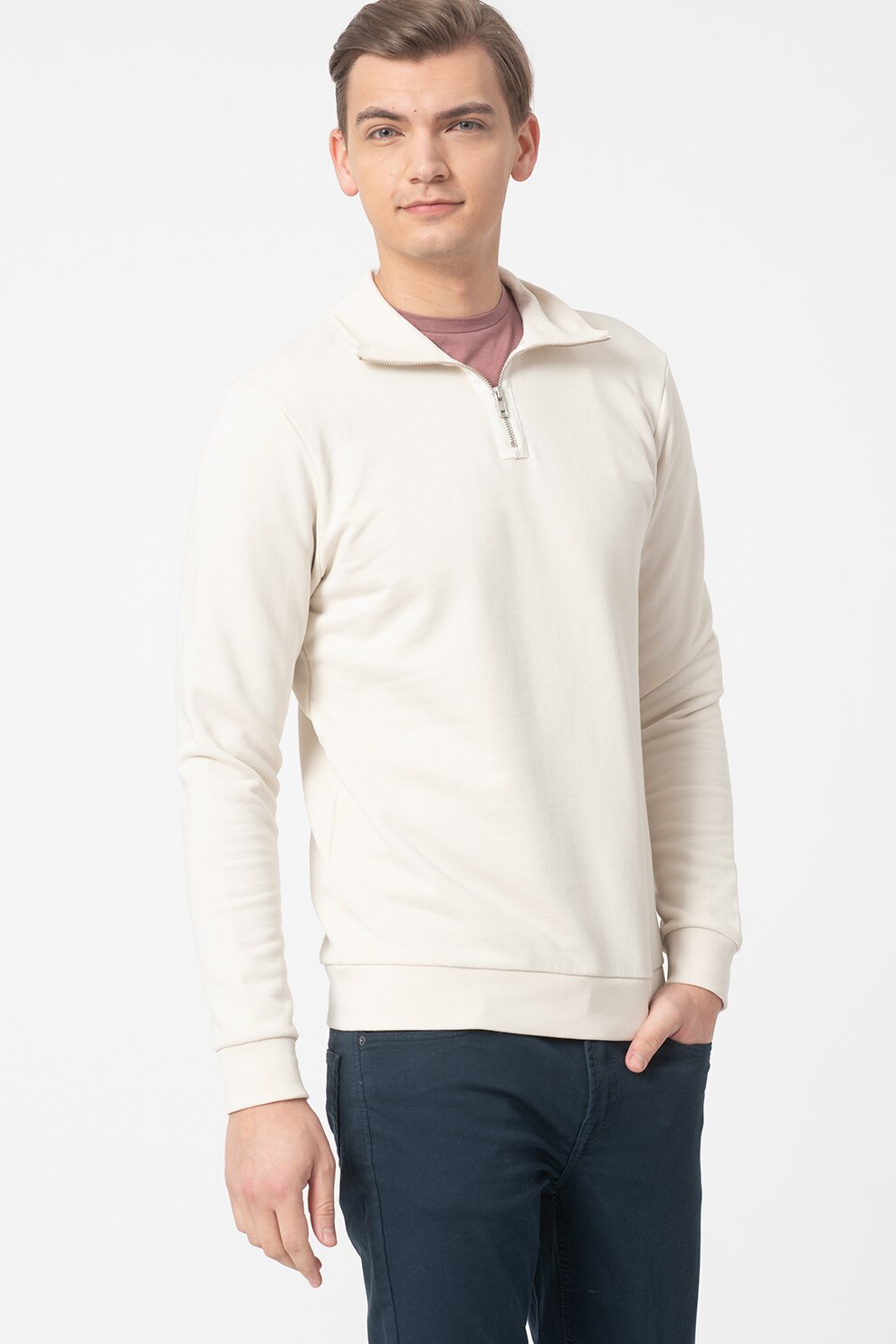 Jack&Jones, Bluza sport cu fermoar scurt Blatagos, Bej