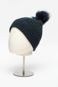 NAME IT, Caciula tricotata cu ciucure de blana sintetica Mimi, Bleumarin/Argintiu, 9-12Y Standard NAME IT, Caciula tricotata cu ciucure de blana sintetica Mimi, Bleumarin/Argintiu, 9-12Y Standard