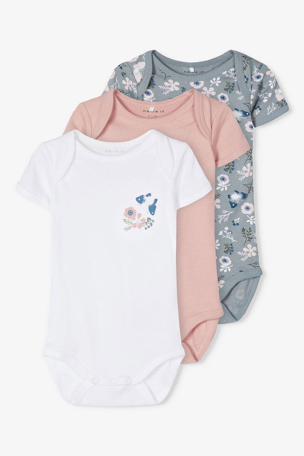 NAME IT, Set 3 body-uri din bumbac organic, fete, Roz/Albastru/Alb, Roz prafuit/albastru prafuit/alb