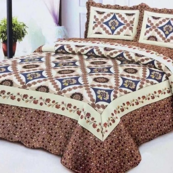 Set cuvertura de pat cu 2 fete de perna, 3 piese, din bumbac finet, imprimata, matlasata, multicolor, CFI-102, 230x250 cm