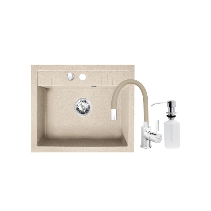 Pachet chiuveta granit Ferro bej 1 cuva 48*58 cu baterie Ferro bej si disperser incastrat pentru detergent lichid Ferro