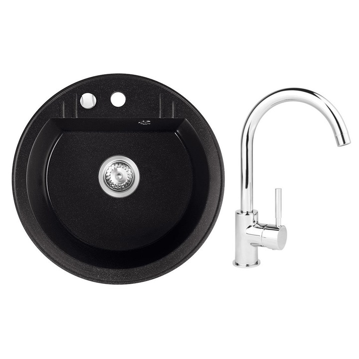 Set chiuveta Ferro granit , 1 cuva 51 cm grafite cu baterie Ferro lebada crom