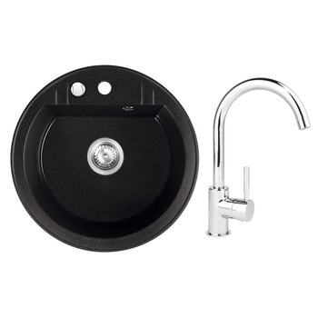 Set chiuveta Ferro granit , 1 cuva 51 cm grafite cu baterie Ferro lebada crom Set chiuveta Ferro granit , 1 cuva 51 cm grafite cu baterie Ferro lebada crom
