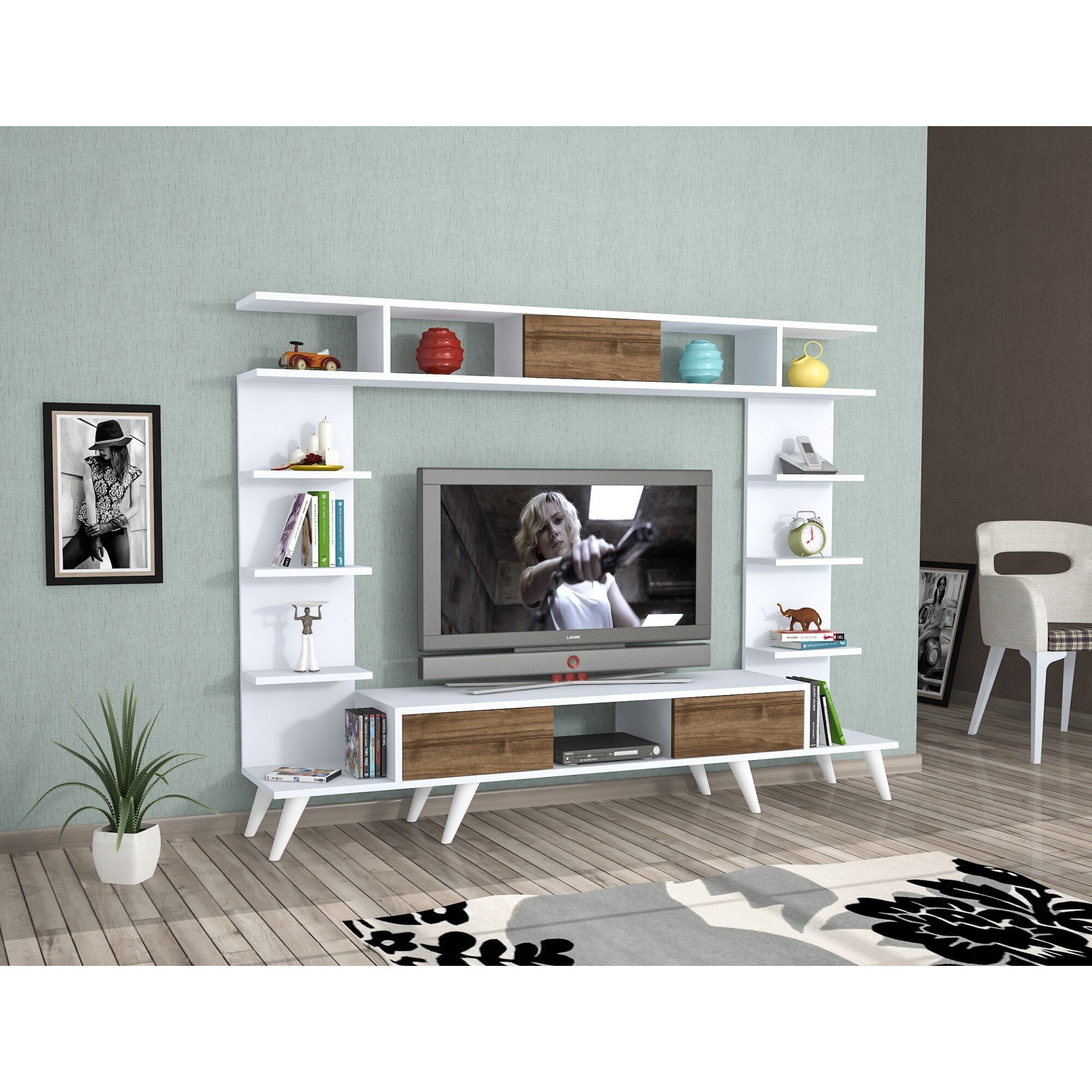 Comoda TV Pan, 180 x 35 x 135 cm, Alb/Nuc