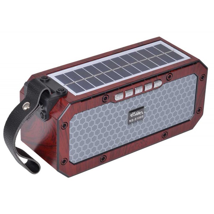 Boxa portabila elSales NS-S100S cu Bluetooth, USB, MicroSD, incarcare solara, lanterna, Radio, maro