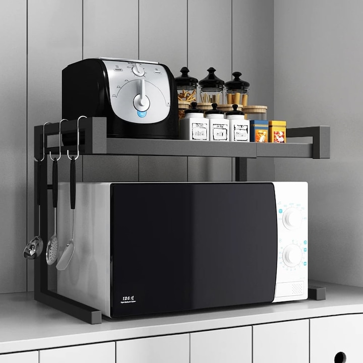 Raft metalic cuptor cu microunde, Quasar & Co.®, etajera ajustabila, organizator bucatarie, 44-64 x 36 x 42 cm, negru