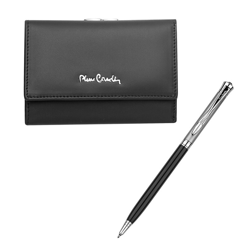 Set cadou pix cu portofel dama, Pierre Cardin, Piele naturala, Negru