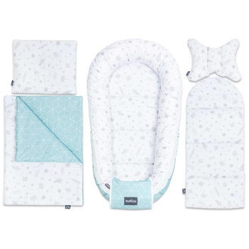 Set 5 piese Bellochi cosulet bebe, lenjerie, salteluta si perna bebe, CuMint, multicolor Set 5 piese Bellochi cosulet bebe, lenjerie, salteluta si perna bebe, CuMint, multicolor