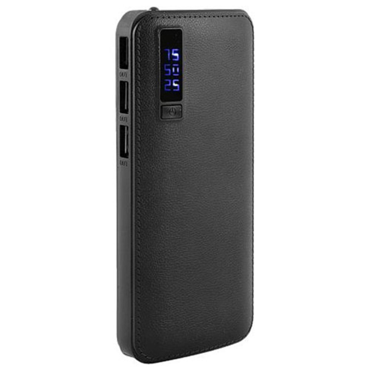 Външна батерия PowerBank с кожен ефект с функция фенерче 32000mAh Черна