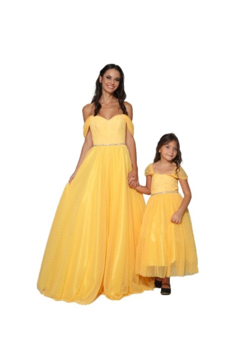 Комплект дамска и детска елегантна рокля Masha, Жълта, Сатен, Хастар, Тюл, M, 128