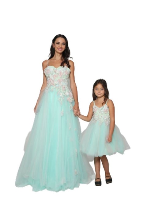 Комплект дамска и детска елегантна рокля Maria, 3Д Дантела, Еластичен сатен, Бледо зелен, L, детски размер 134
