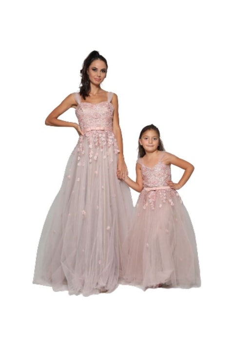 Комплект дамска и детска елегантна рокля Prima, Дантела, Сатен, Хастар, Бледо розова, S, 122