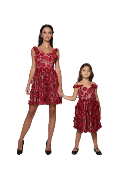 Комплект дамска и детска елегантна рокля Rose, 3Д Дантела, Винено червена S, 122