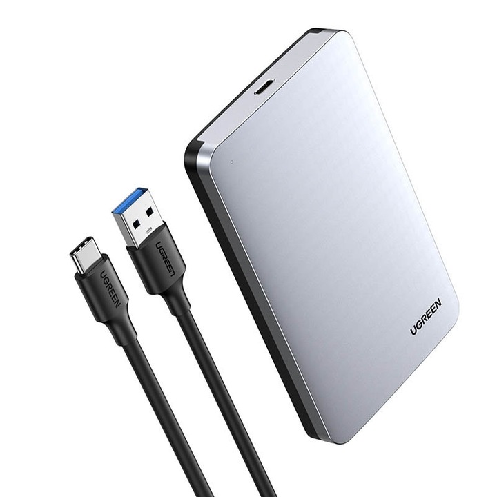 Ugreen Pocket Case 2,5 hüvelykes SATA 3.0 6 Gbps merevlemez-szürke + USB–USB Type-C kábel 0,5 m (CM300)