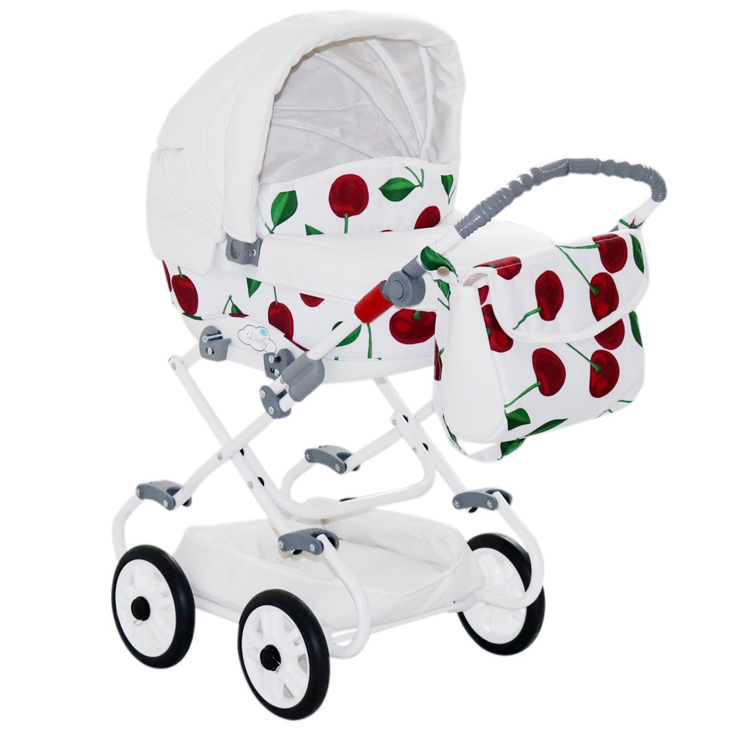 Carucior pentru papusi , model cu landou, parte sport si gentuta- Alb/Cirese