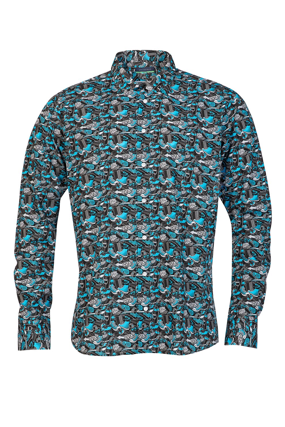 Stansfield, Camasa slim fit cu model grafic, Negru/Albastru/Alb