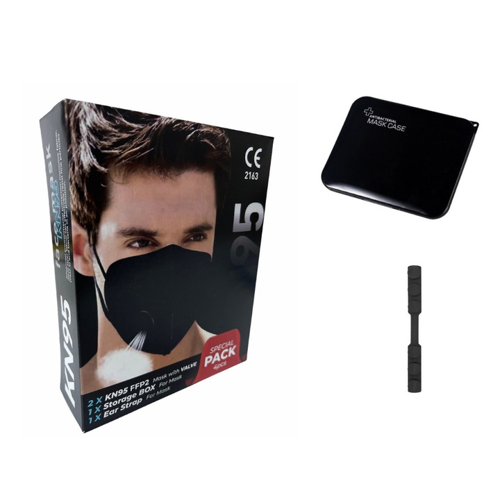 Set 2 x Masca de protectie KN95 FFP2 cu valve cu 1 cutie protectie masti si 1 Dispozitiv De Prindere, Negru