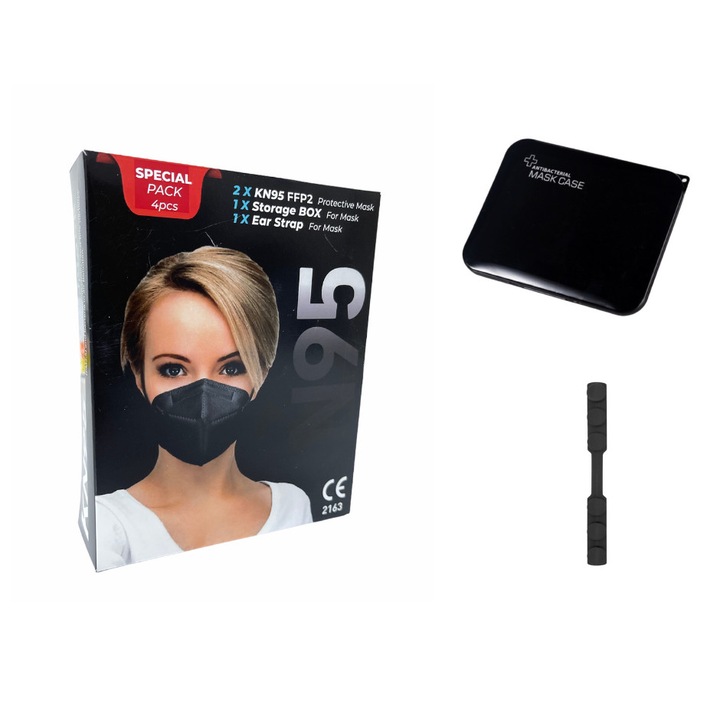 Set 2 x Masca de protectie KN95 FFP2 cu1 cutie protectie masti si1 Dispozitiv De Prindere, Negru