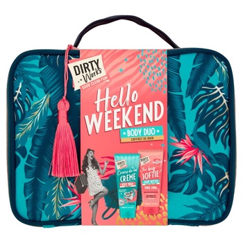 Set cadou, Hello Weekend, Crema de dus 200 ml, Unt de corp 200 ml, burete si geanta Set cadou, Hello Weekend, Crema de dus 200 ml, Unt de corp 200 ml, burete si geanta
