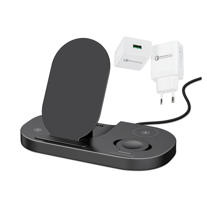 Incarcator Wireless eLIVE GY-Z6S 3in1, Pliabil, Senzor Touch, Qi Type-C Super Fast Charge 3A, Adaptor Qualcomm 3.0 Inclus, Indicator Luminos, Compatibil Telefon Apple, Samsung, Huawei, Xiaomi, Apple Watch, Casti AirPod 2, Airpods Pro, Buds, Buds+, Negru
