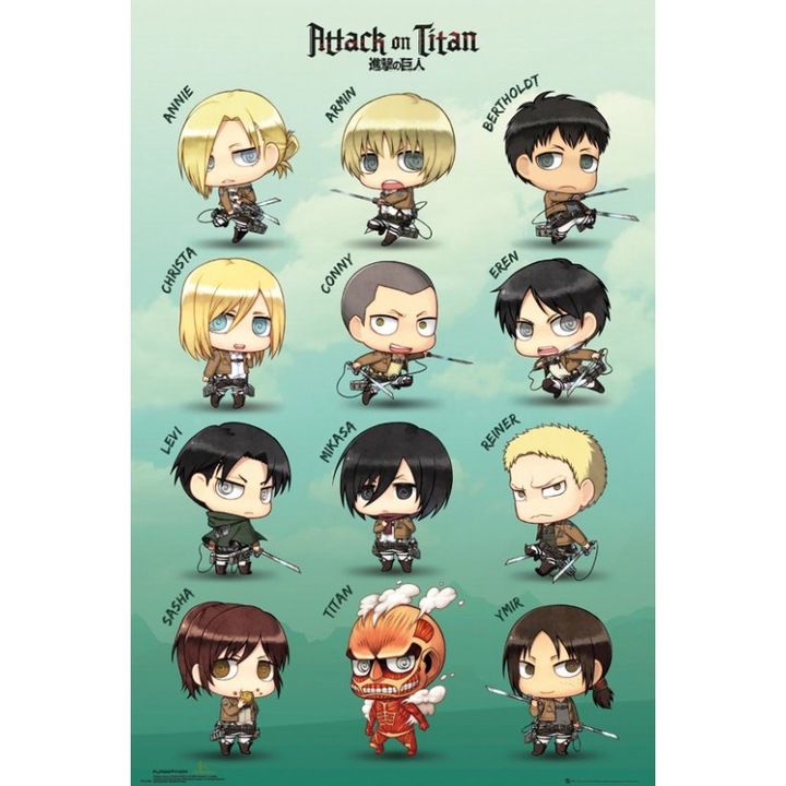 Плакат Attack on Titan Chibi Characters, 61x91,5 см, черен - eMAG.bg