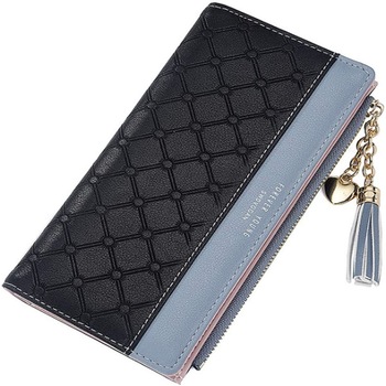 Portofel dama, ASKSA, fante lungi din piele PU cu ciucuri, dimensiune 19x10 cm, Negru/Albastru Portofel dama, ASKSA, fante lungi din piele PU cu ciucuri, dimensiune 19x10 cm, Negru/Albastru