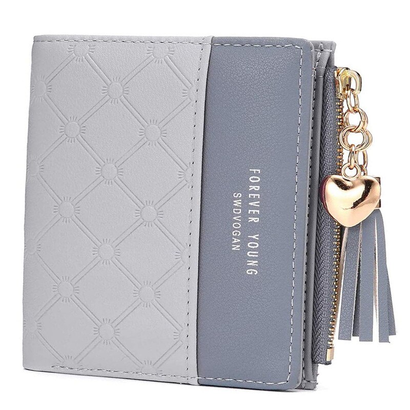 Portofel dama, ASKSA, din piele PU cu ciucuri Multi sloturi mici, dimensiune 11x9 cm, Gri/Albastru