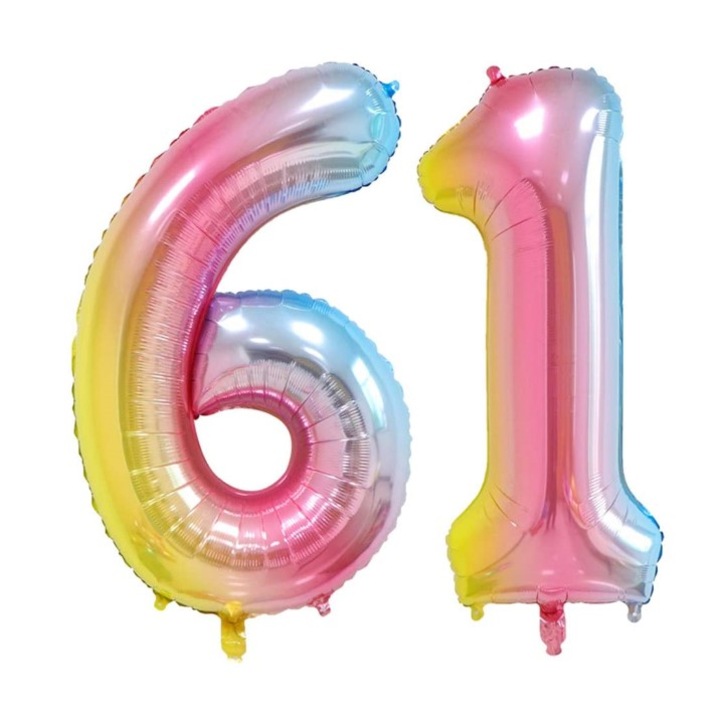 Set 2 baloane folie cifra, Domi Party & Gifts, Curcubeu, aniversare 61 ani, 100 cm