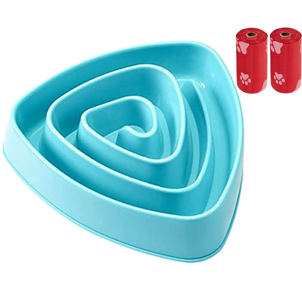 Castron Hranire Lenta Caini FizioTab® si 2 Pungi Igienice, pentru Prevenirea Indigestiei, pentru Mancare sau Apa, Antiderapant, Albastru