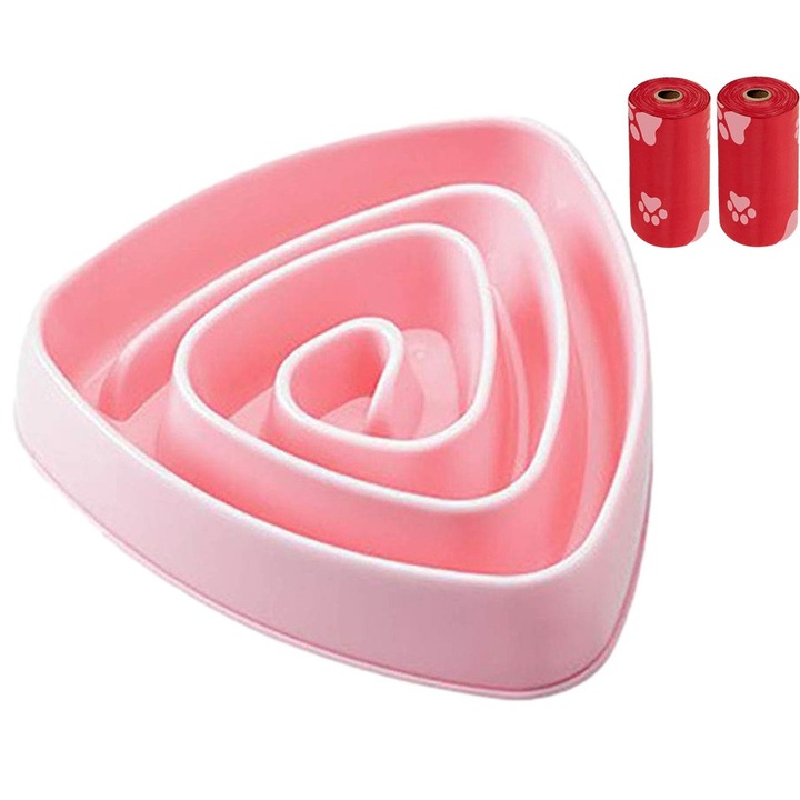 Castron Hranire Lenta Caini FizioTab® si 2 Pungi Igienice, pentru Prevenirea Indigestiei, pentru Mancare sau Apa, Antiderapant, Roz