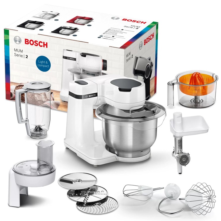 Robot de bucatarie BOSCH Mum Serie 2 MUMS2EW40, 700 W, 3.8 l, blender 1.25 l, masina de tocat carne, 4 trepte viteza, alb