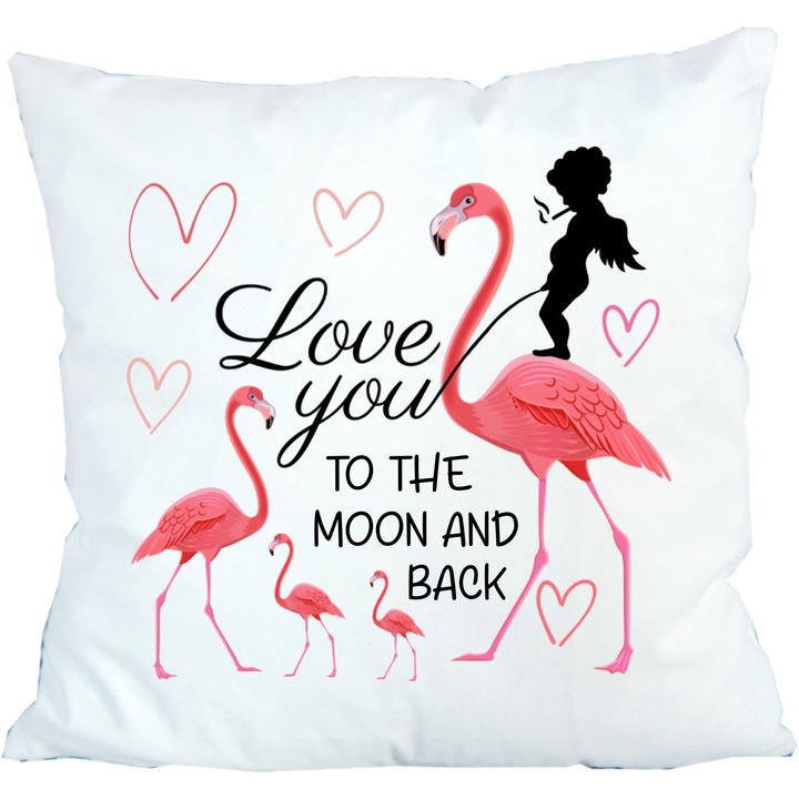 Perna personalizata, Cupidon cu flamingo, inscriptionata, Love you to the moon and back, 42 cm x 42 cm