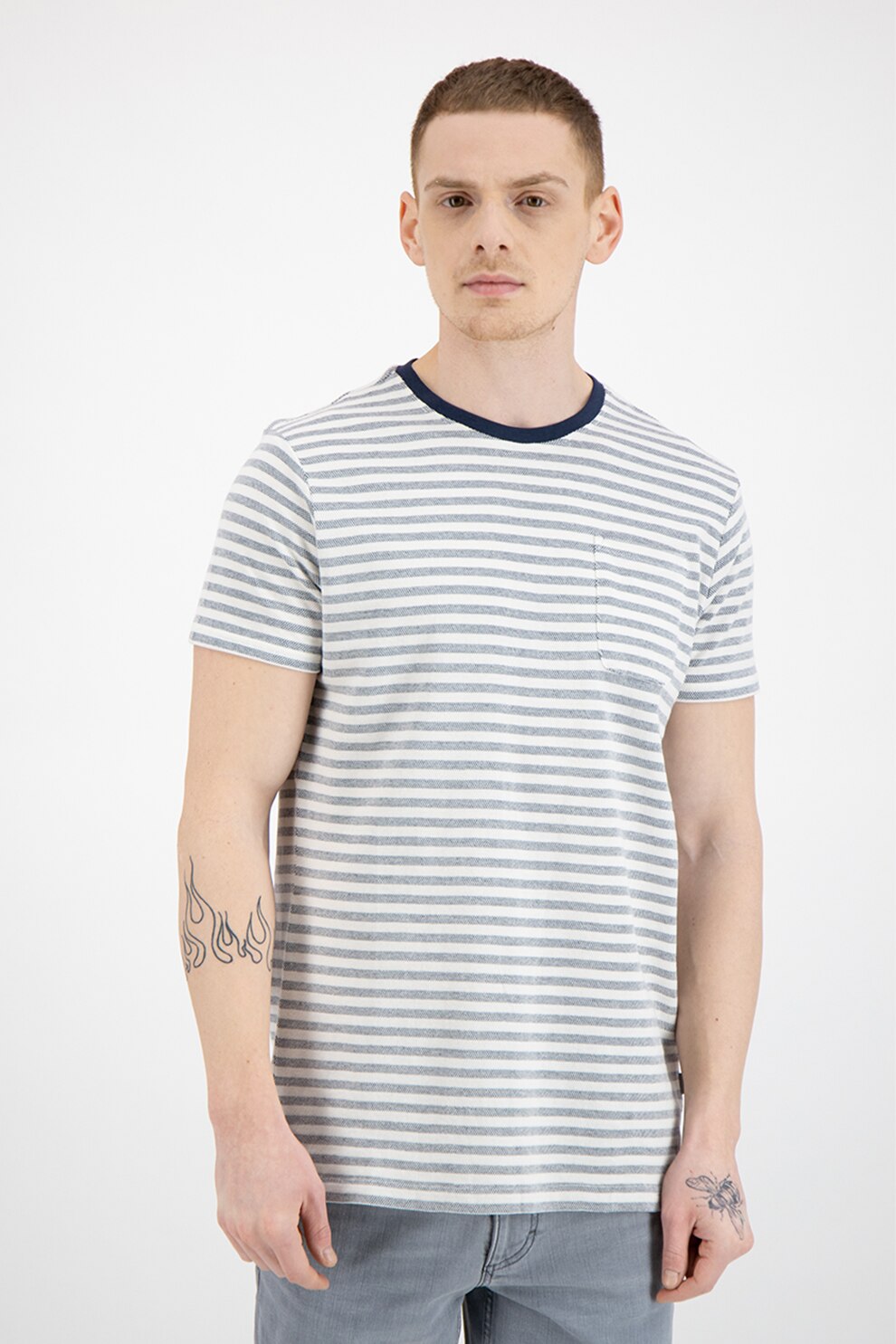 !Solid, Tricou in dungi cu buzunar pe piept, Alb/Bleumarin, S