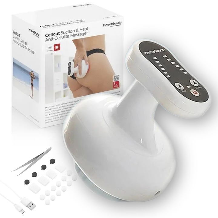 Masaj Anticelulitic, Innovagoods, Material: Abs, Incarcare Usb, Auto Power Off: 25 Min, Filtre, Cleme Si Tampoane Inlocuibile, 13.4 x 11.3 x 9.5 cm