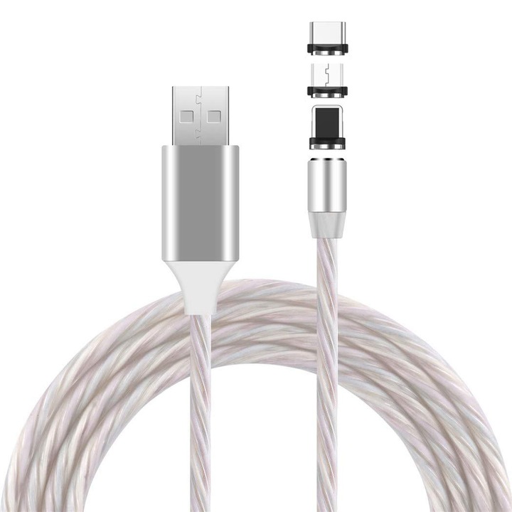EVTrend® PREMIUM MAGNETIC многоцветен кабел за зареждане със светлинен поток, 3 в 1, USB-C конектор, Micro-USB конектор, Apple съвместим конектор, магнитни конектори, USB, 5V, 2A, 1m, LED, БЯЛ
