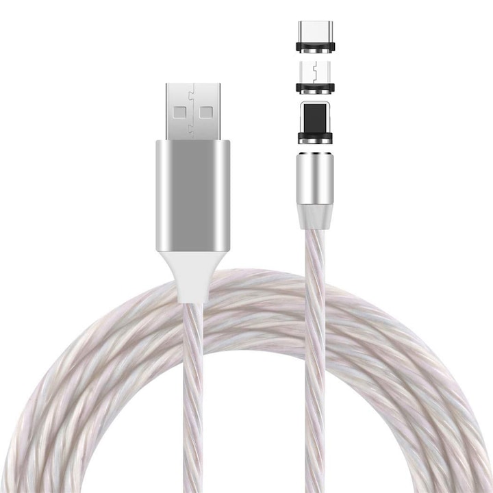 Cablu de incarcare cu flux luminos multicolor EVTrend® PREMIUM MAGNETIC, 3 in 1, conector USB-C, conector Micro-USB, conector compatibil cu Apple, conectori magnetici, USB, 5V, 2A, 1m, LED, ALB