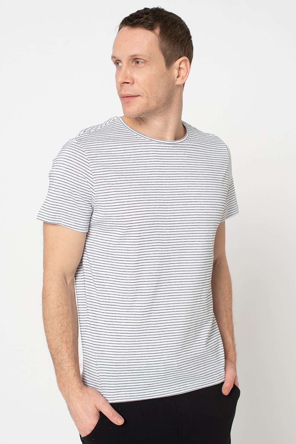 BLEND, Tricou cu decolteu la baza gatului si dungi, Alb/Negru