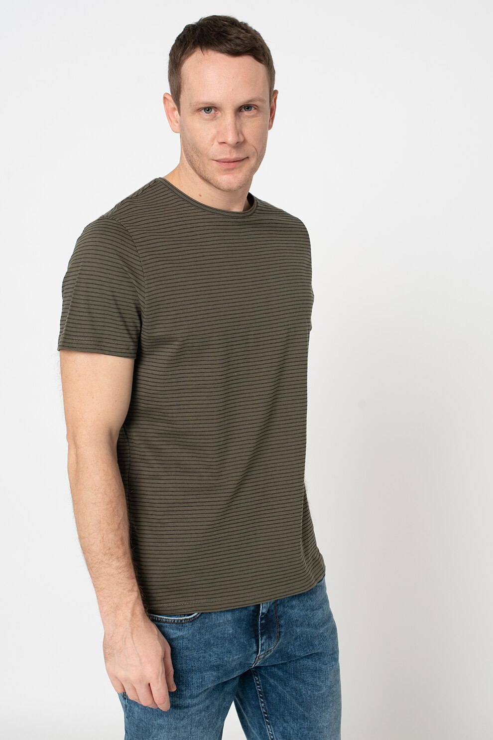 BLEND, Tricou cu decolteu la baza gatului si dungi, Verde militar/Negru
