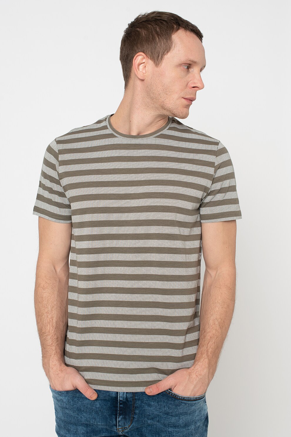 BLEND, Tricou cu decolteu la baza gatului si model cu dungi, Verde feriga/Alb