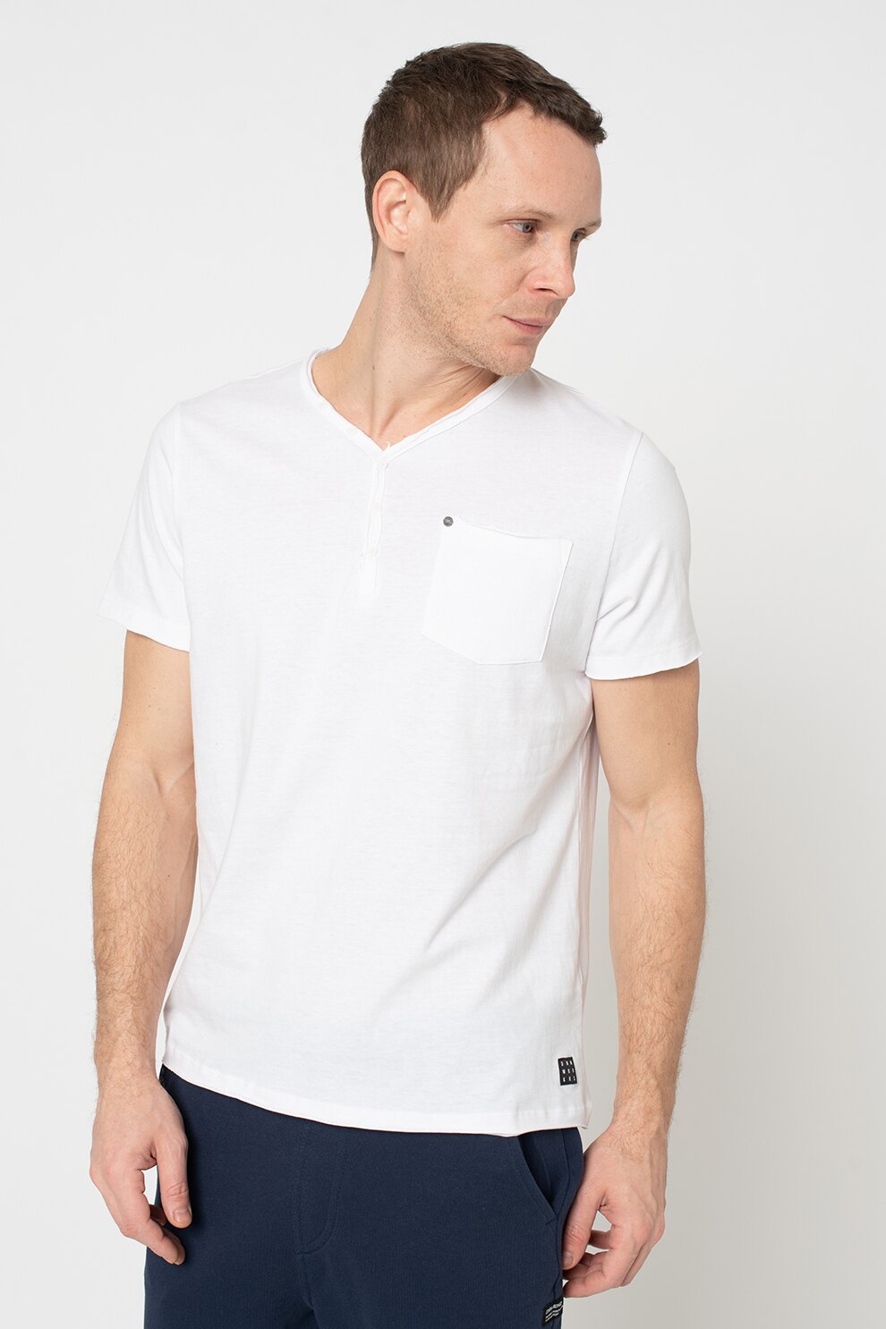 BLEND, Tricou cu decolteu in V si buzunar pe piept, Alb optic, S