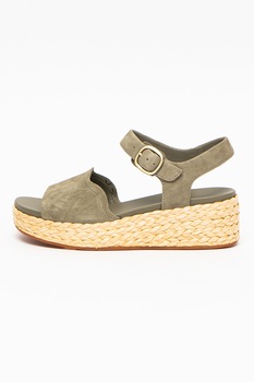 Clarks, Sandale din piele intoarsa cu talpa wedge si talpa din rafie Kimmei, Verde oliv, 5.5 Clarks, Sandale din piele intoarsa cu talpa wedge si talpa din rafie Kimmei, Verde oliv, 5.5