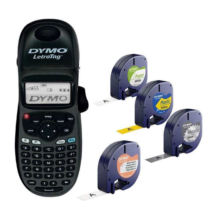Set Imprimanta termica portabila DYMO LetraTag LT-100H tastatura ABC si 4 benzi originale DYMO 2 x hartie alba 1 x plastic galben si 1 x metalic argintiu