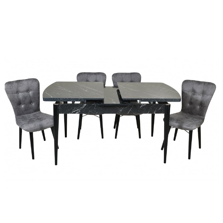 Set masa extensibila negru marmorat cu 4 scaune tapitate gri Homs picioare lemn 170 x 80 cm