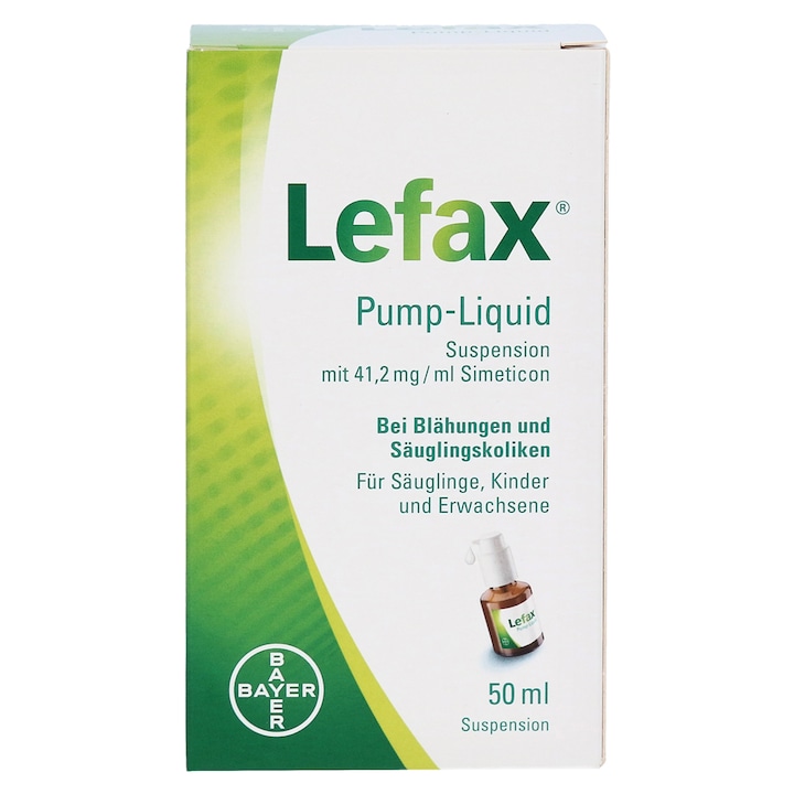 BAYER Lefax Pump Liquid Szájon át alkalmazható szuszpenzió, Folyadék pumpával, Puffadás és hasfájás ellen csecsemőknél, Banán ízesítés, 50 ml